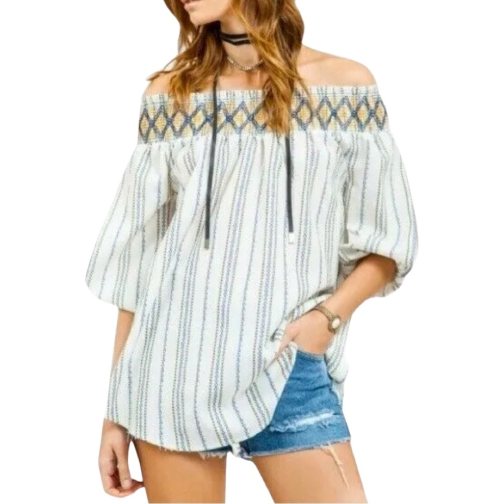 J By J.O.A Smocked Off Shoulder Floral Striped White Top. White, blue, & yellow - Picture 1 of 10